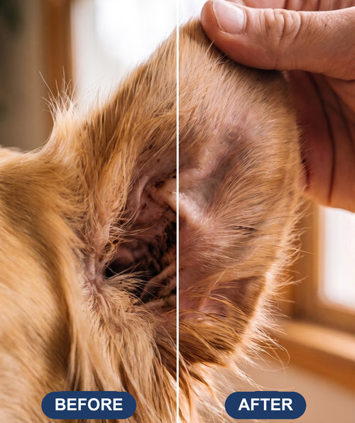 A dog's ear before and after cleaning with Merdello Ear Cleaning Drops