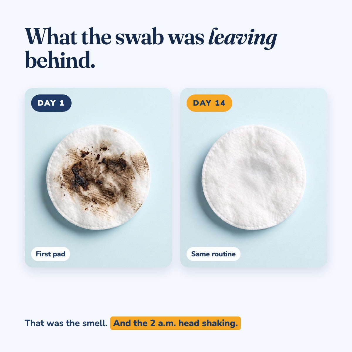 What the swab was leaving behind: cotton pad on day 1 covered in dark brown ear wax, clean on day 14 with the same routine.