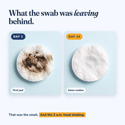 What the swab was leaving behind: cotton pad on day 1 covered in dark brown ear wax, clean on day 14 with the same routine.