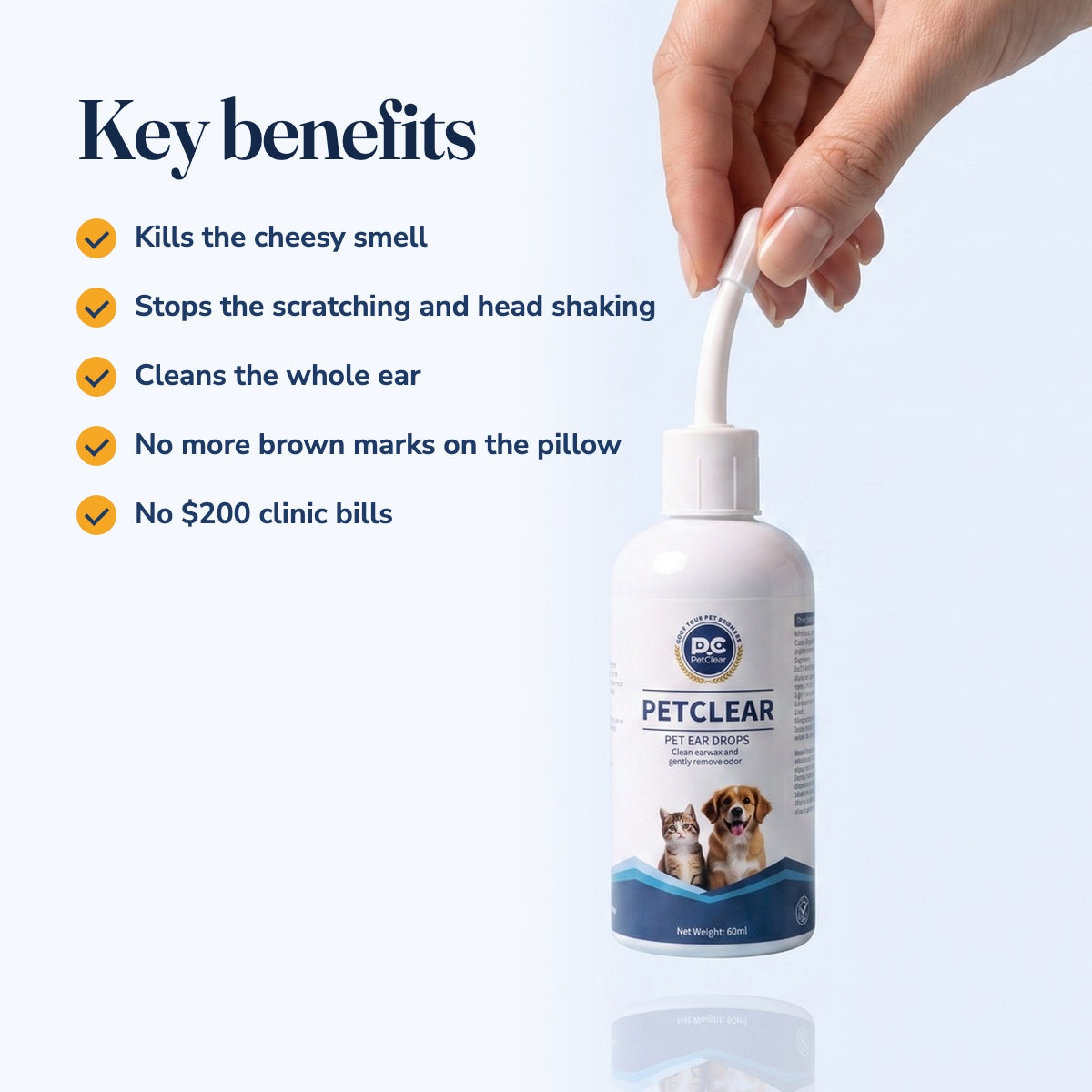 Merdello ear drops key benefits: kills the cheesy smell, stops the scratching and head shaking, cleans the whole ear, no more brown marks on the pillow, no $200 clinic bills.